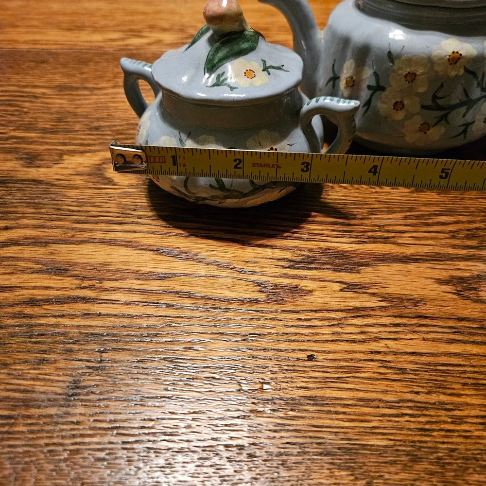 FB Italy Vintage Hand Painted Floral Tea Set Blue Ceramic Teapot Creamer Sugar